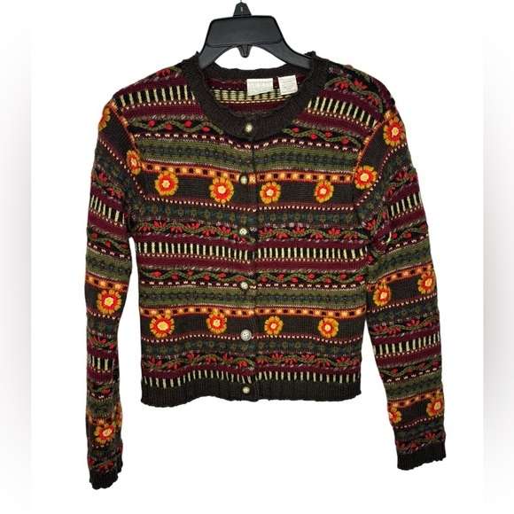 VTG Y2K Wool Knit 3D Floral Abstract Boho Preppy Cardigan Size XS - Picture 1 of 13